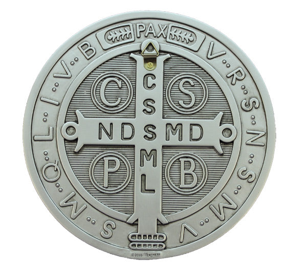 St. Benedict Wall Medal, 7" Dia, Pewter Finished Veronese Resin, # 21119