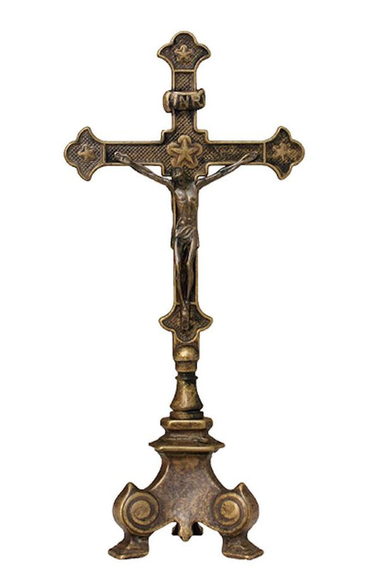 Double sided standing Crucifix, antique brass, 13", # 21129|