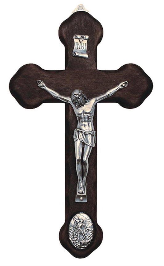 St. Michael Medallion Crucifix, Metal Figure on Wood Cross, 8.75", Made in Italy, # 21162