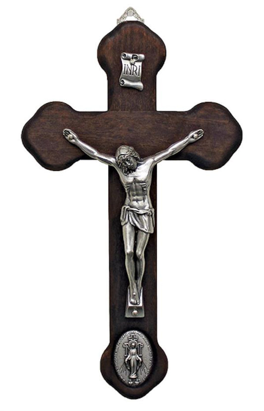 Miraculous Medal Medallion Crucifix, Metal Figure on Wood Cross, 8.75", Made in Italy, # 21163