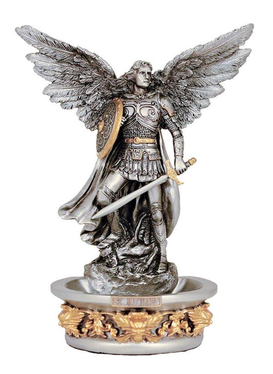 St. Michael The Archangel Holy Water Font, Stands or Hangs, Pewter Finish Resin, 7", # 21177