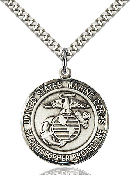 St. Christopher / Marine Corps Medal, 3/4" round, Fine Pewter, Your Choice of Chain, # 2142