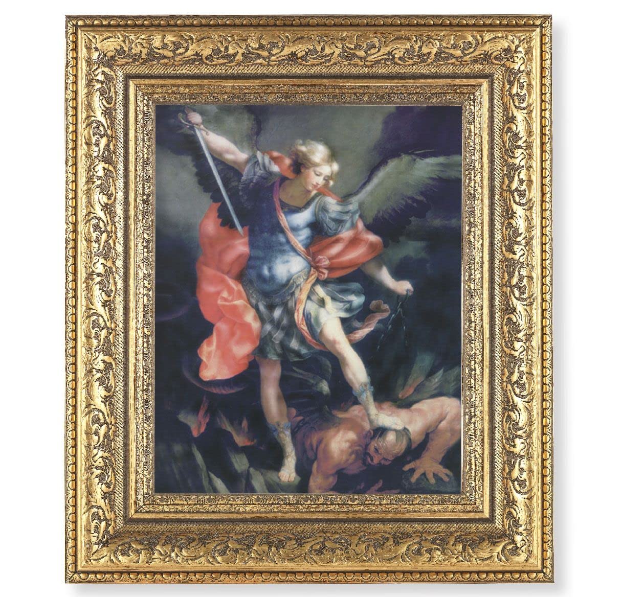 St. Michael Picture, 12-1/2"x14-1/2, Antique Gold Leaf Carvings Ornate Frame, Italian Print Under Glass # 25517