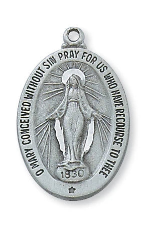 Miraculous Medal in Hand Engraved Fine Pewter on 18" Chain, # 21478