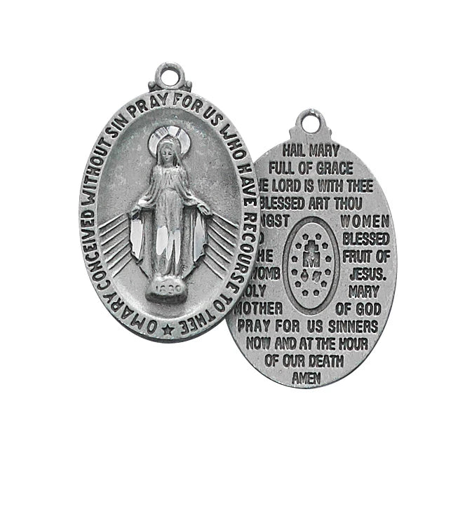 Miraculous/Hail Mary Medal in Hand Engraved Fine Pewter on 24" Chain, # 21493