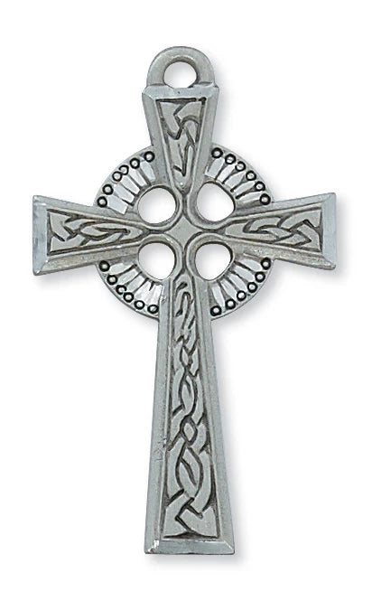 Celtic Cross Necklace in Hand Engraved Fine Pewter on 24" Chain, # 21526