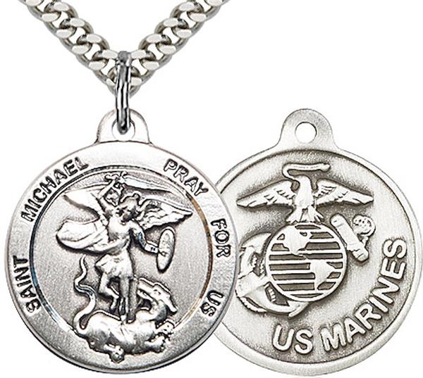 St. Michael / Marine Corps Medal, Sterling Silver, 3/4" dia., Your Choice of Chain, # 2180