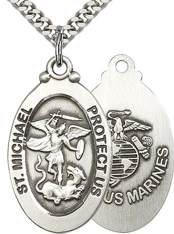 St. Michael / Marine Corps Medal, Sterling Silver, 1-1/8"tall, Your Choice of Chain, # 2182