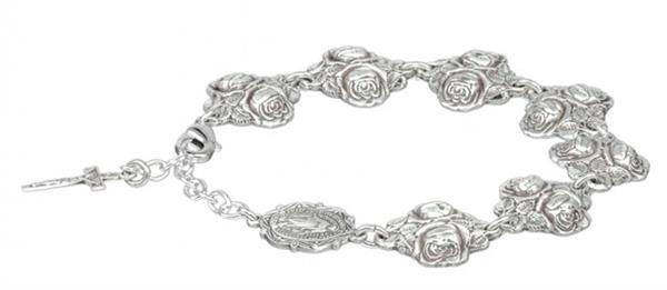 Solid Sterling Silver Double Rose Bud Bead Bracelet with Patron Saints, # 21914