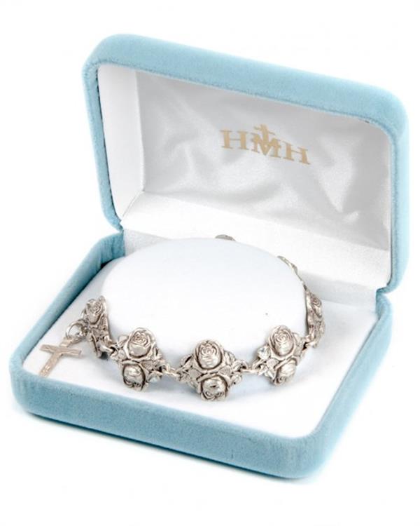 Solid Sterling Silver Double Rose Bud Bead Bracelet with Patron Saints, # 21914|