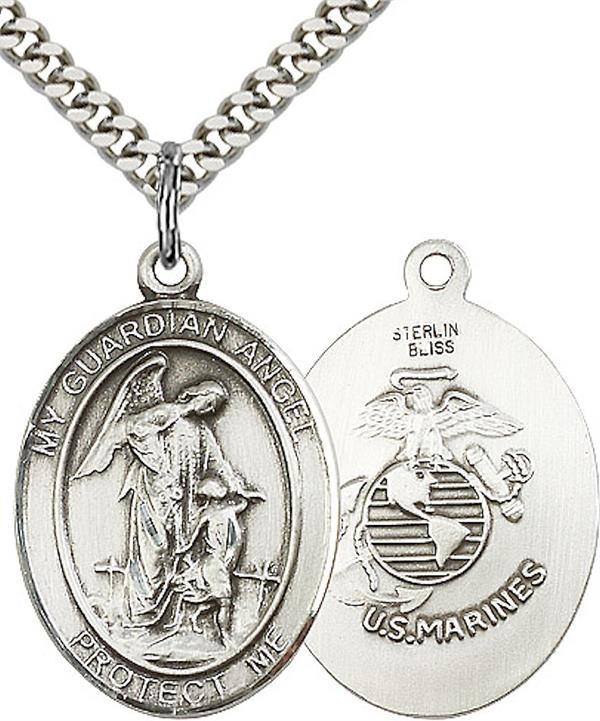 Guardian Angel / Marine Corps Medal, 1" tall, Sterling Silver, Your Choice of Chain, # 2197