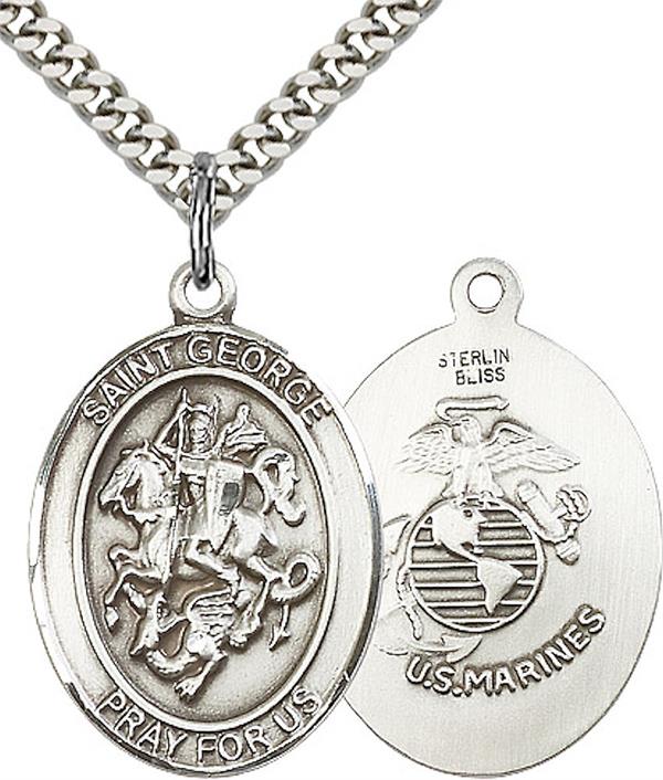 St. George / Marine Corps Medal, 3/4" tall, Sterling Silver, Your Choice of Chain, # 2201