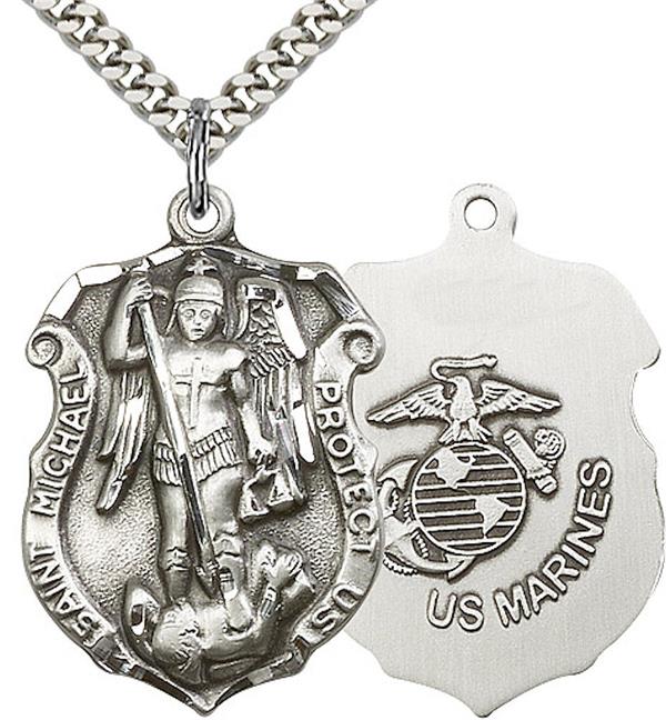 St. Michael Shield / Marine Corps Medal, Fine Pewter, 1-1/4" tall, Your Choice of Chain, # 2206