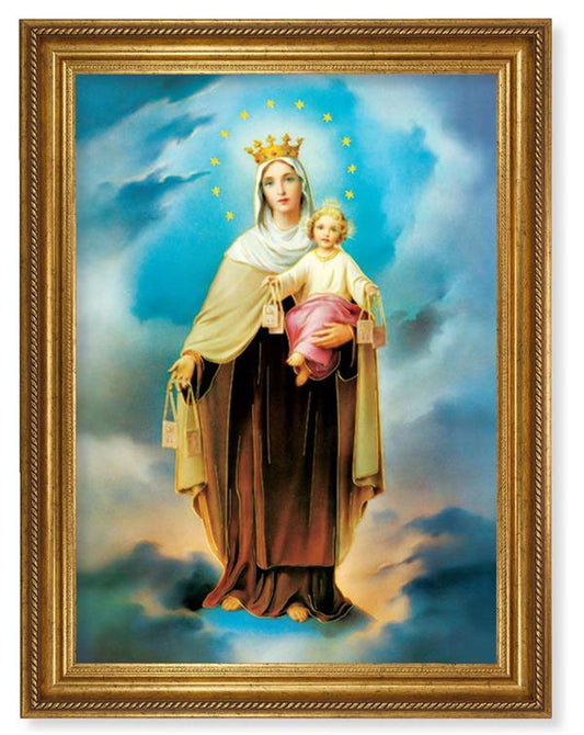 Our Lady of Mt. Carmel Picture, 24"x31" Antique Gold Finish Frame with Rope Detail , Italian Print # 22086