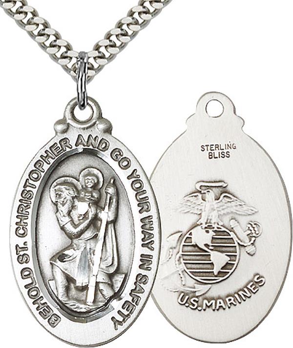 St. Christopher / Marine Corps Medal, Sterling Silver, 1-1/8"tall, Your Choice of Chain, # 2210