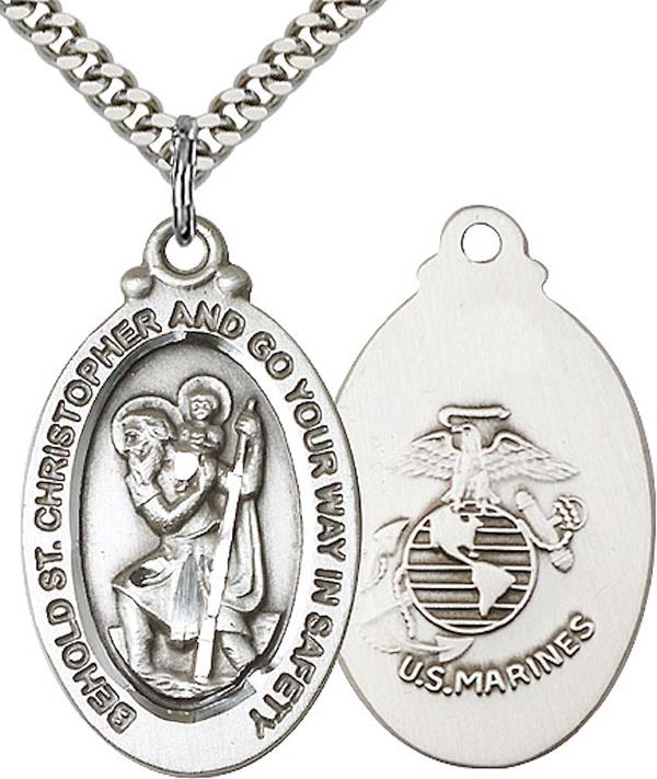 St. Christopher / Marine Corps Medal, Fine Pewter, 1-1/8"tall, Your Choice of Chain, # 2211