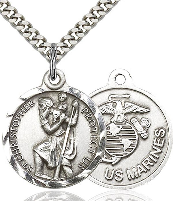 St. Christopher / Marine Corps Medal, Fine Pewter, 3/4" dia., Your Choice of Chain, # 2214