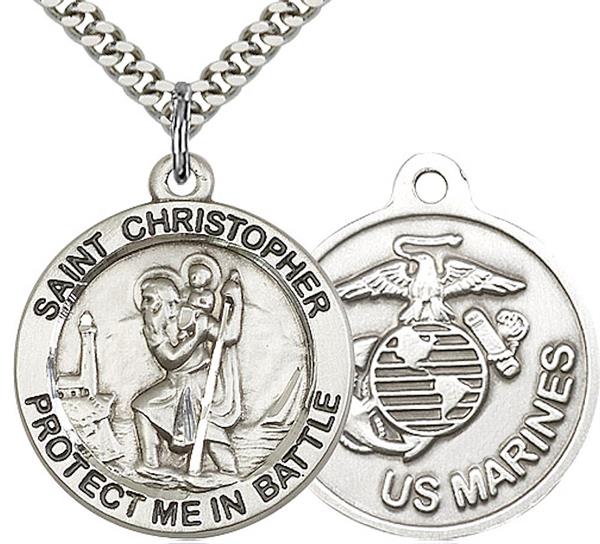 St. Christopher / Marine Corps Medal, 1" dia., Fine Pewter, Your Choice of Chain, # 2215