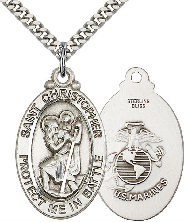 St. Christopher / Marine Corps Medal, 1-1/8" tall, Sterling Silver, Your Choice of Chain, # 2216