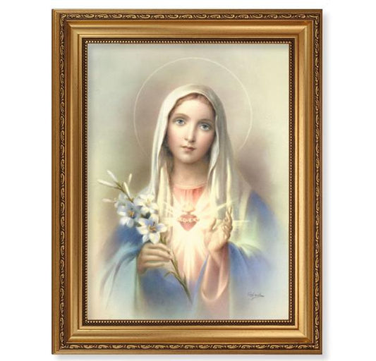 Immaculate Heart of Mary Picture, 15-1/2"x19-1/2 Antique Gold Leaf Frame, Acanthus-Leaf Trim, Beaded Lip, Textured Italian Print # 22168
