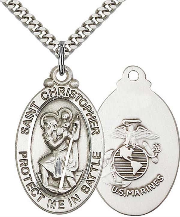 St. Christopher / Marine Corps Medal, 1-1/8" tall, Fine Pewter, Your Choice of Chain, # 2217