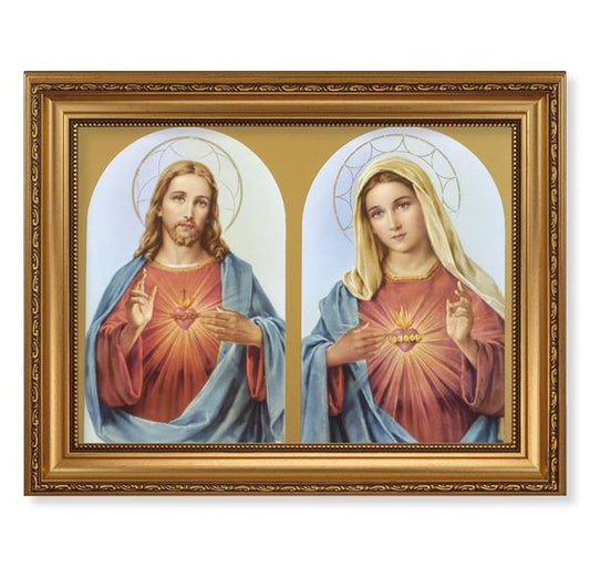 The Sacred Hearts Picture, 15-1/2"x19-1/2 Antique Gold Leaf Frame, Acanthus-Leaf Trim, Beaded Lip, Textured Italian Print # 22170