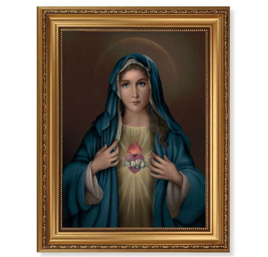 Immaculate Heart Picture, 15-1/2"x19-1/2 Antique Gold Leaf Frame, Acanthus-Leaf Trim, Beaded Lip, Textured Italian Print # 22177