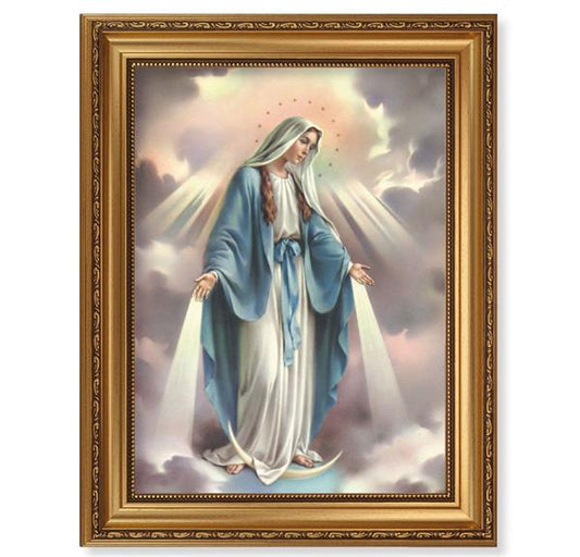 Our Lady of Grace Picture, 15-1/2"x19-1/2 Antique Gold Leaf Frame, Acanthus-Leaf Trim, Beaded Lip, Textured Italian Print # 22179