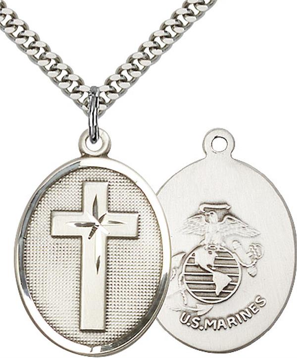 Cross & Marine Corps Medal, 1" tall, Fine Pewter, Your Choice of Chain, # 2218