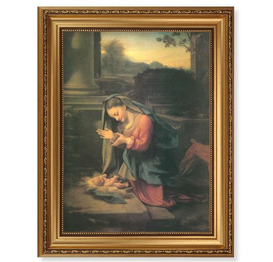 Corrreggio Our Lady Worshipping Child, 15-1/2"x19-1/2 Antique Gold Leaf Frame, Acanthus-Leaf Trim, Beaded Lip, Textured Italian Print # 22188