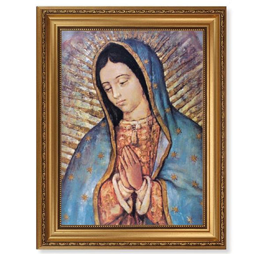 Our Lady of Guadalupe Portrait, 15-1/2"x19-1/2 Antique Gold Leaf Frame, Acanthus-Leaf Trim, Beaded Lip, Textured Italian Print # 22193