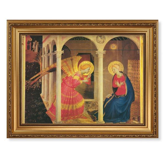 Angelico The Annunciation Picture, 15-1/2"x19-1/2 Antique Gold Leaf Frame, Acanthus-Leaf Trim, Beaded Lip, Textured Italian Print # 22197