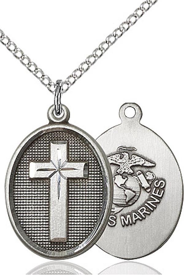 Oval Cross Marine Corps Medal, 3/4" tall, Fine Pewter, Your Choice of Chain, # 2220