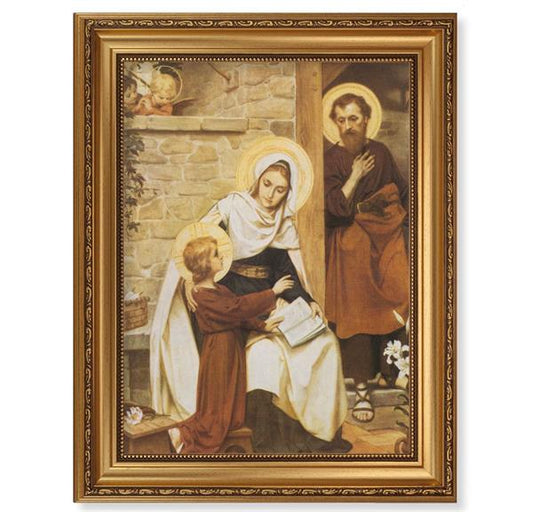 Holy Family in Nazareth Picture, 15-1/2"x19-1/2 Antique Gold Leaf Frame, Acanthus-Leaf Trim, Beaded Lip, Textured Italian Print # 22200