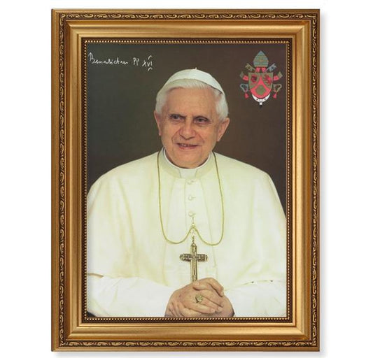 Pope Benedict XVI Picture, 15-1/2"x19-1/2 Antique Gold Leaf Frame, Acanthus-Leaf Trim, Beaded Lip, Textured Italian Print # 22205