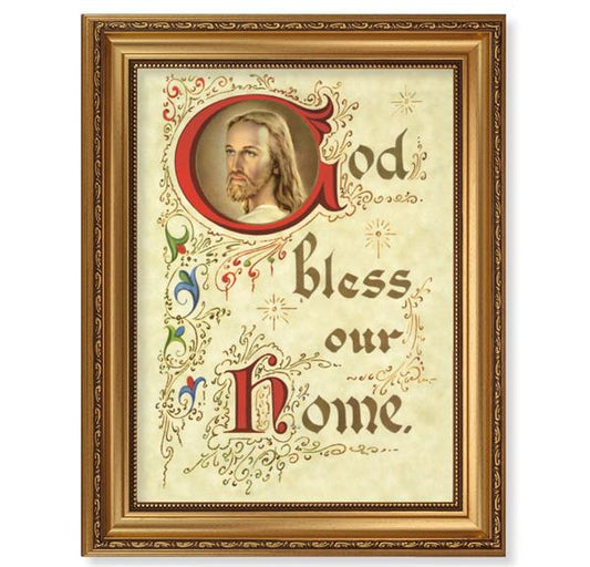 God Bless Our Home Picture, 15-1/2"x19-1/2 Antique Gold Leaf Frame, Acanthus-Leaf Trim, Beaded Lip, Textured Italian Print # 22207