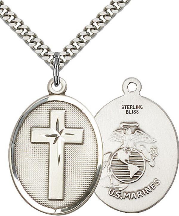 Cross & Marine Corps Medal, 1" tall, Sterling Silver, Your Choice of Chain, # 2221