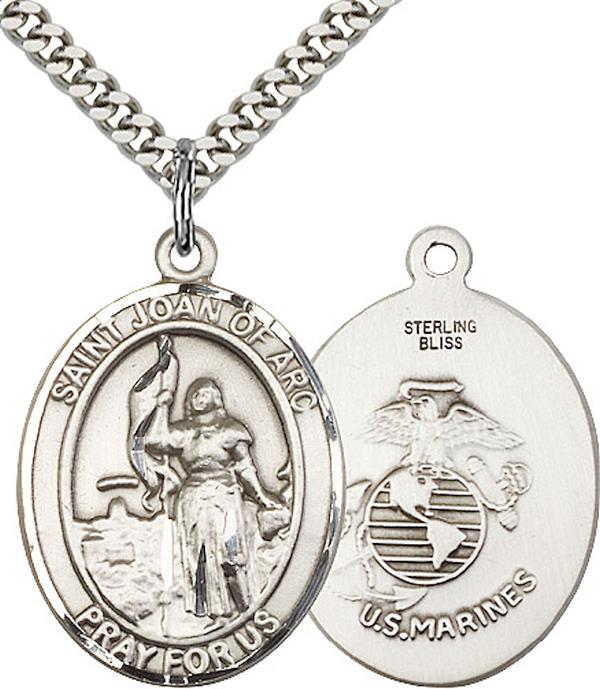 St. Joan of Arc Marine Corps Medal, 1" tall, Sterling Silver, Your Choice of Chain, # 2222