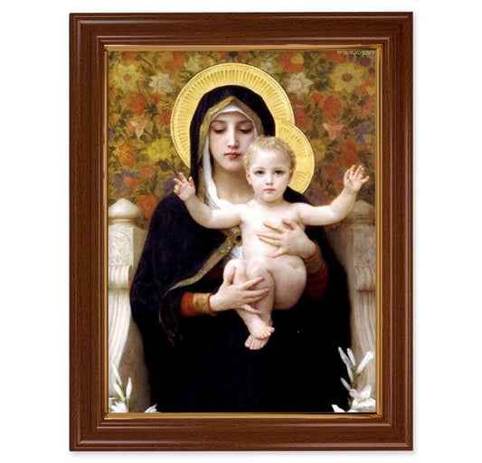 Bouguereau Madonna of The Lillies Picture, 15-1/2"x19-1/2 Walnut Finish Frame with Thin Gold Lip, Textured Italian Print # 22228
