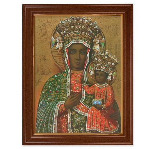 Our Lady of Czestochowa Picture, 15-1/2"x19-1/2 Walnut Finish Frame with Thin Gold Lip, Textured Italian Print # 22231