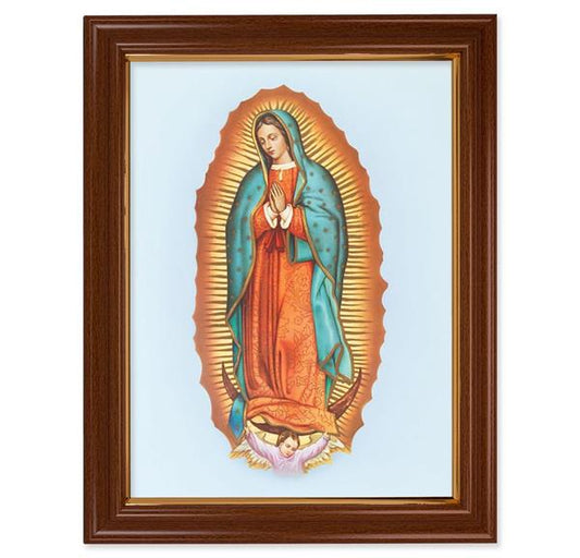 Our Lady of Guadalupe Picture, 15-1/2"x19-1/2 Walnut Finish Frame with Thin Gold Lip, Textured Italian Print # 22238