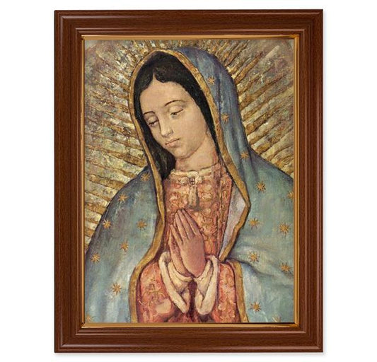 Our Lady of Guadalupe Portrait, 15-1/2"x19-1/2 Walnut Finish Frame with Thin Gold Lip, Textured Italian Print # 22239