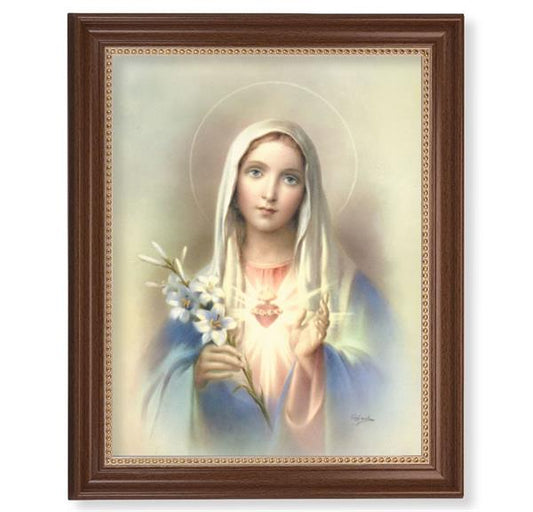 Immaculate Heart of Mary Picture, 13-1/2"x16-9/16 Walnut Finish Frame with Gold Beaded Lip, Textured Italian Print # 22259