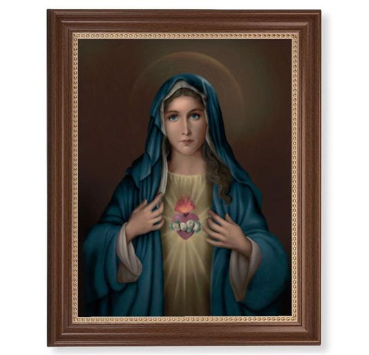 Immaculate Heart of Mary Picture, 13-1/2"x16-9/16 Walnut Finish Frame with Gold Beaded Lip, Textured Italian Print # 22265