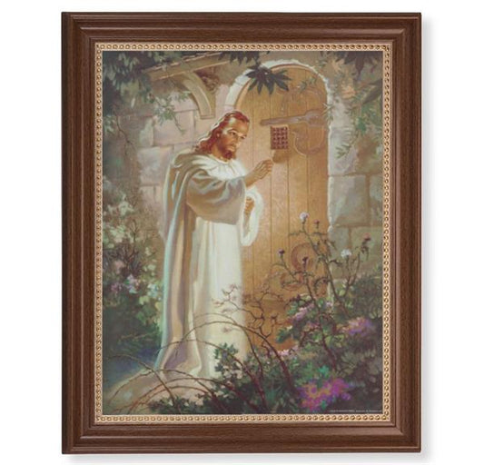 Sallman: Christ Knocking Picture, 13-1/2"x16-9/16 Walnut Finish Frame with Gold Beaded Lip, Textured Italian Print # 22288