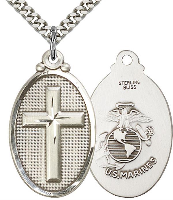 Marine Corps Oval Cross Medal, 1-1/8" tall, Sterling Silver, Your Choice of Chain, # 2229