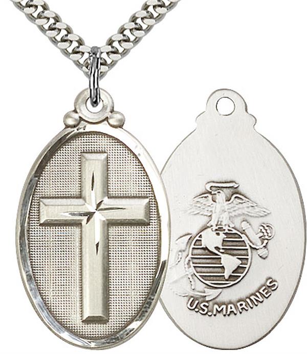 Marine Corps Oval Cross Medal, 1-1/8" tall, Fine Pewter, Your Choice of Chain, # 2230