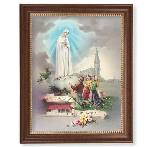 Our Lady of Fatima Picture, 13-1/2"x16-9/16 Walnut Finish Frame with Gold Beaded Lip, Textured Italian Print # 22331