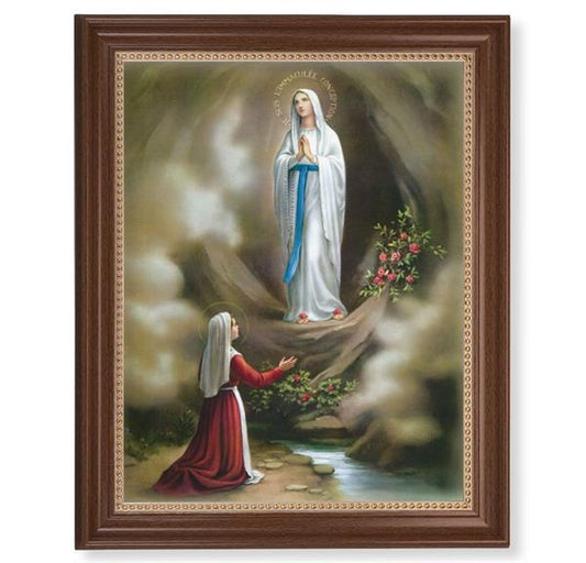 Our Lady of Lourdes Picture, 13-1/2"x16-9/16 Walnut Finish Frame with Gold Beaded Lip, Textured Italian Print # 22332