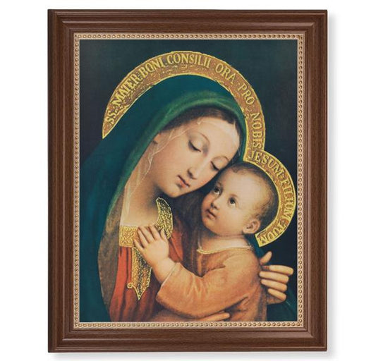 Our Lady of Good Counsel Picture, 13-1/2"x16-9/16 Walnut Finish Frame with Gold Beaded Lip, Textured Italian Print # 22335